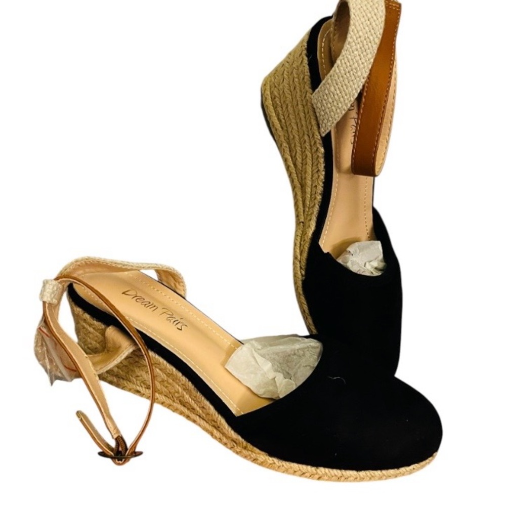 Dream Pairs NIB Black Espadrille Wedge Sandals with Tan Ankle Strap - Picture 3 of 7